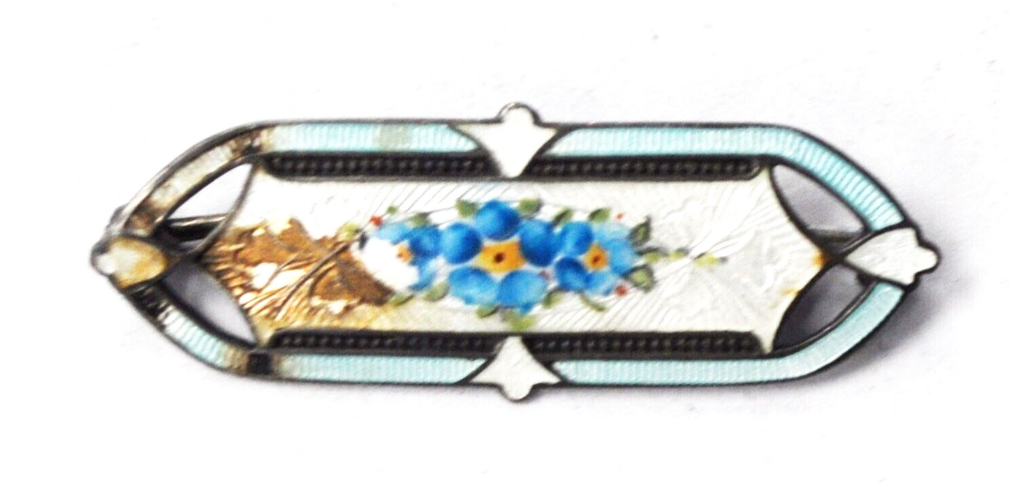 Vintage Blue Guilloche Enamel Sterling Brooch Pin 41mm x 14mm