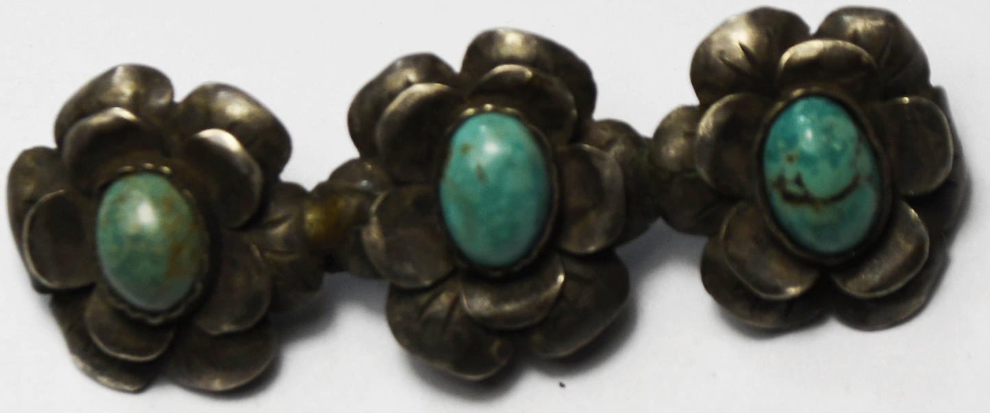 Sterling Silver Taxco 980 Triple Flower Oval Turquoise Brooch Pin 59mm x 20mm