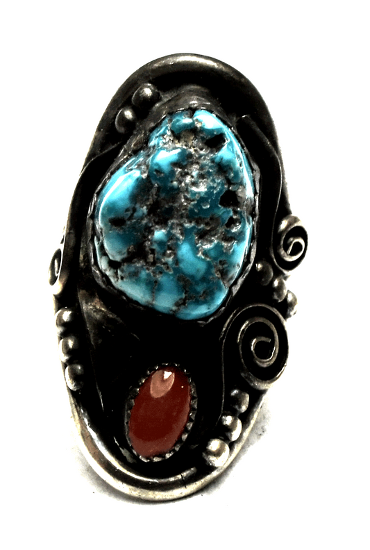 Antique Sterling Silver Turquoise & Coral Ring 38mm Size 7-1/2