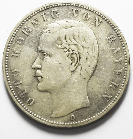 1903 D German States Bavaria 5 Five Mark Silver Coin KM# 915