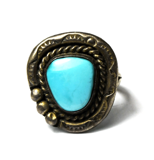 Sterling Silver Antique Turquoise Triangle 3 Dot Ring 22mm Band Size 6