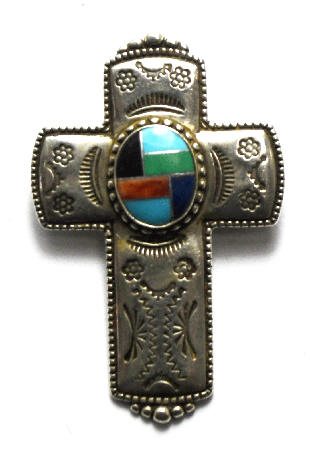 Sterling Silver Carolyn Pollack Inlay Cross Pendant Brooch Pin 50mm x 34mm