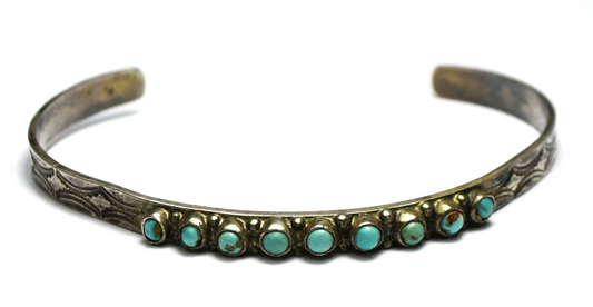 Antique Sterling Silver 9 Dot Row Turquoise Cuff Bracelet 7" Wrist 5mm