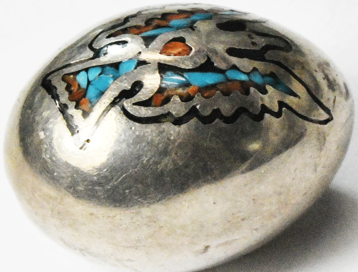 Sterling Turquoise Coral Chip Inlay Thunderbird Egg Slider Pendant 37x27mm