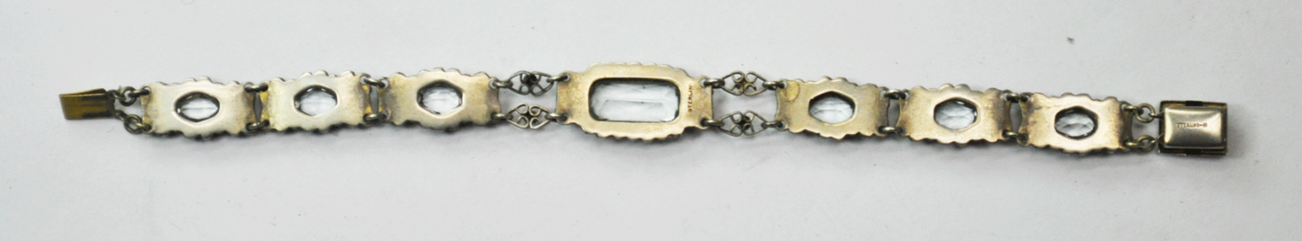 Vintage Sterling Silver Blue Topaz Ornate Link Bracelet 13mm 7.25" Gold Wash