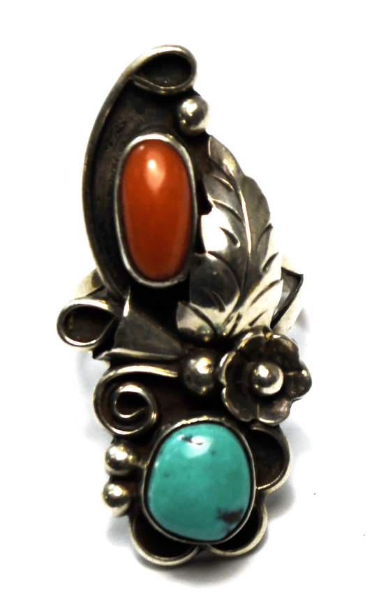 Sterling Silver Phil Chapo Turquoise Coral Elongated Ring 44mm Size 9