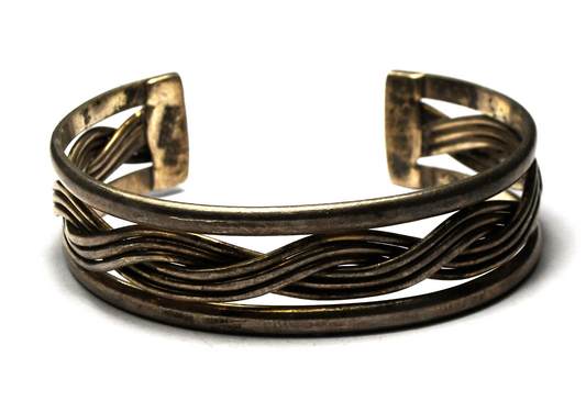Sterling Mexico TE-51 Wire Weave Center Cuff Bracelet 17mm 7" Wrist 36g