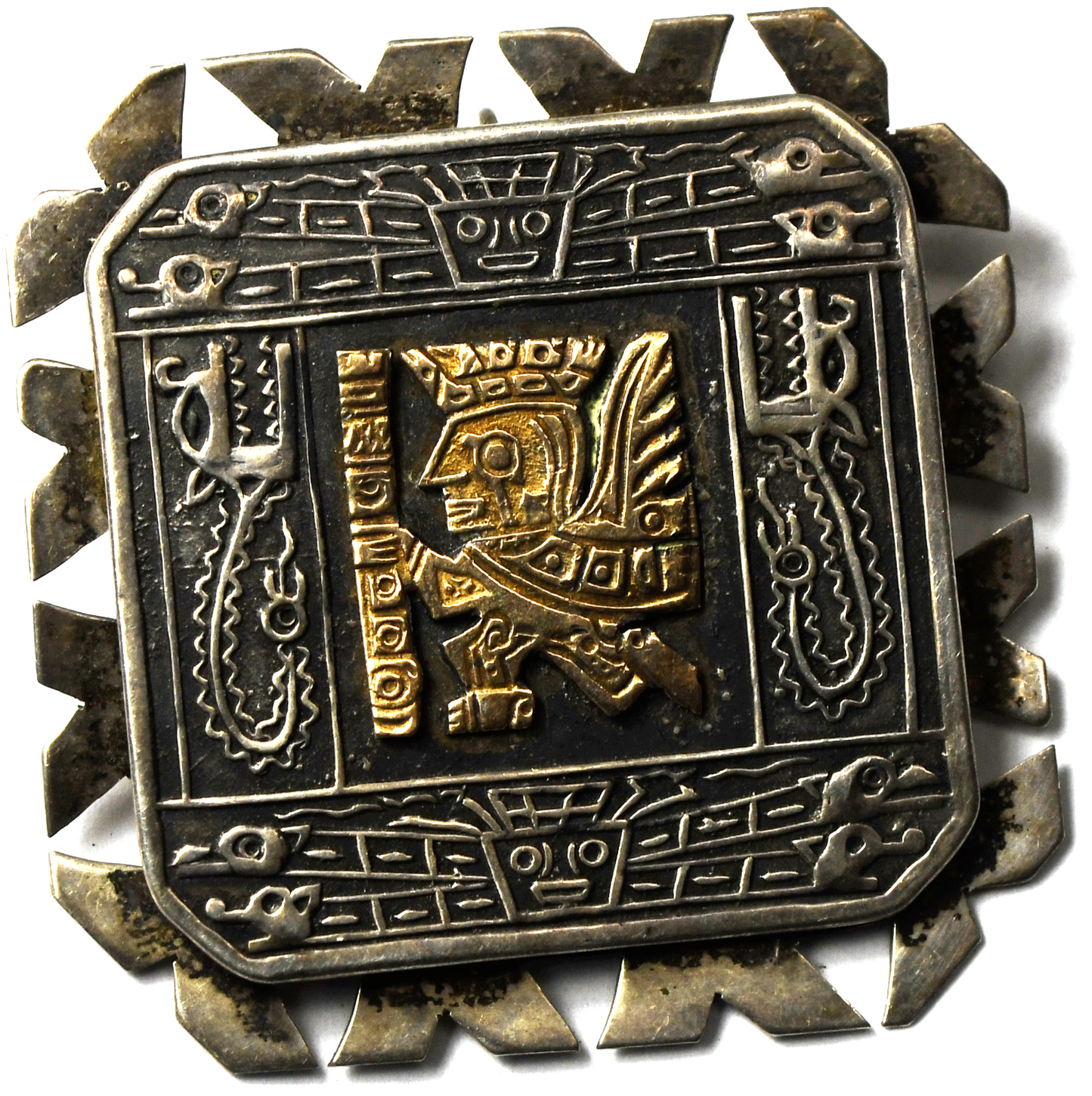 Sterling Silver 18k Gold Aztec Warrior Dragon Square Brooch Pin 45mm