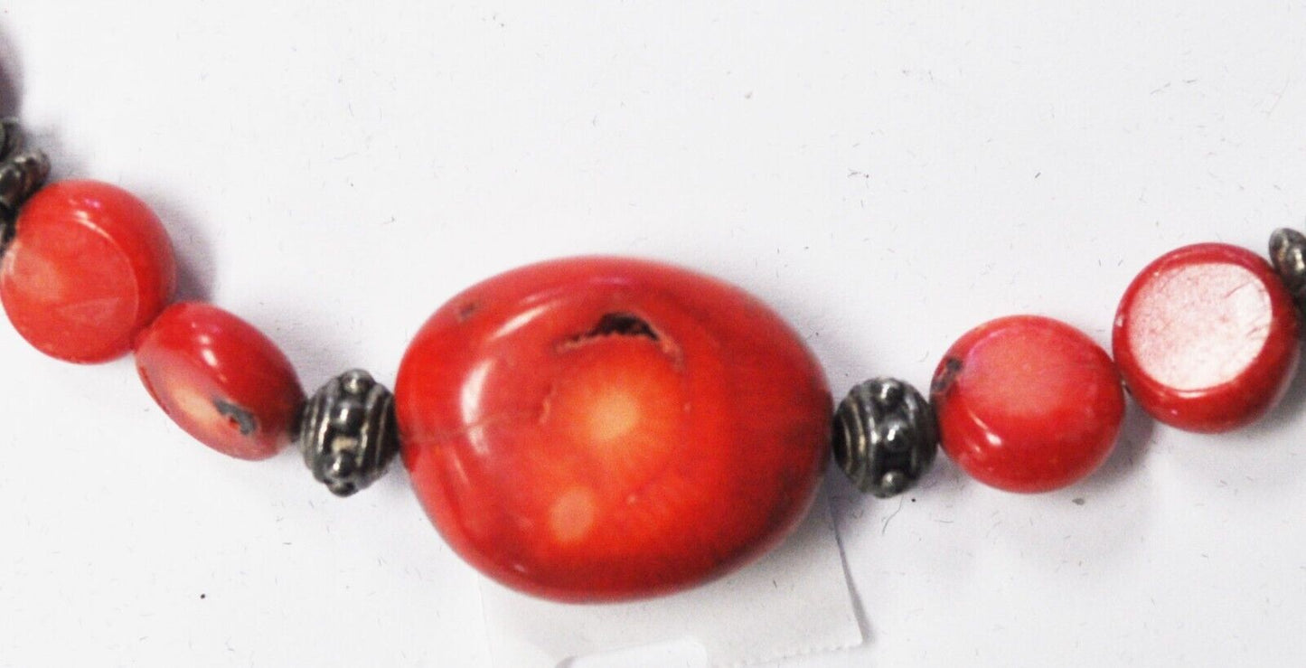 Sterling Red Coral Chunk 19mm Bead Necklace 20"