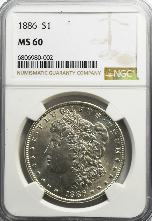 1886 $1 Morgan Silver Dollar MS60 NGC Uncirculated Philadelphia VAM 1E2