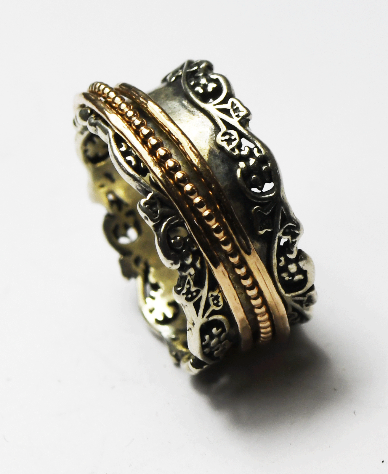 Sterling Silver Or Paz Two Tone Spinner Vine Edge Ring 12mm Size 11