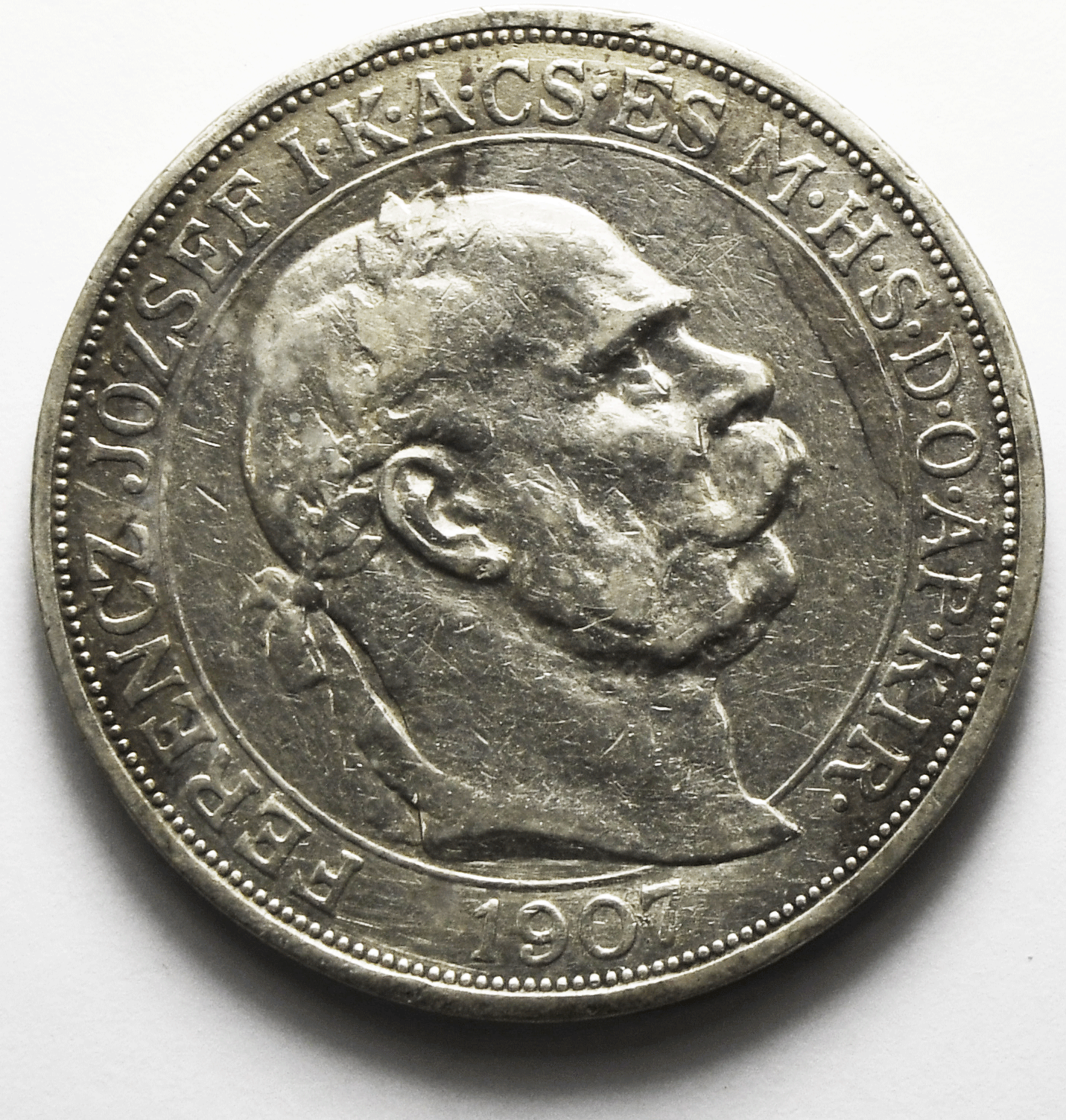 1907 Hungary 5 Five Korona Silver Coin KM# 489