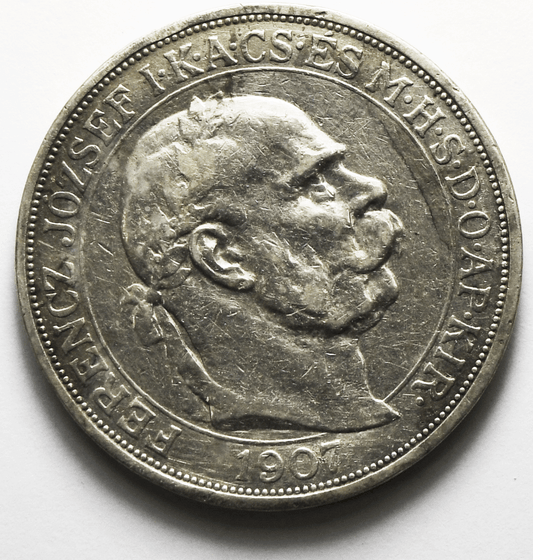 1907 Hungary 5 Five Korona Silver Coin KM# 489