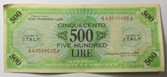1943 A Italy 500 Lire Military Currency Note A43099638A Five Hundred