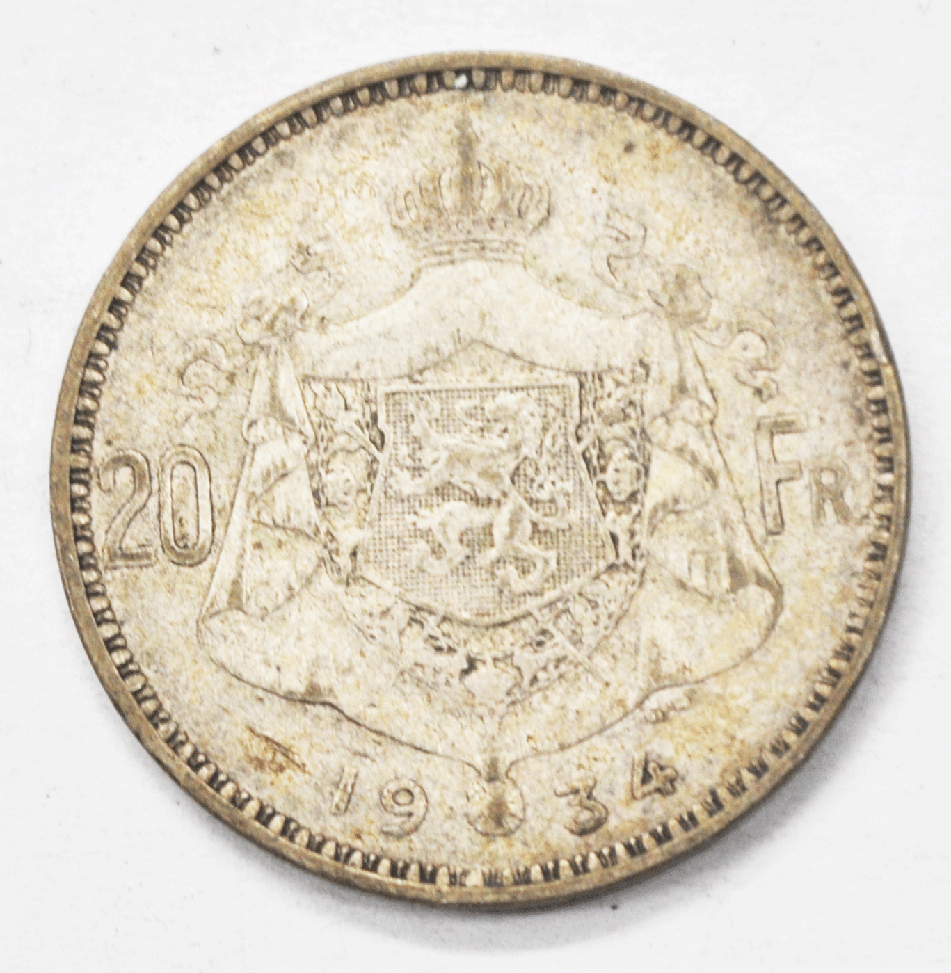 1934 Belgium 20F Twenty Francs Silver Coin Belges