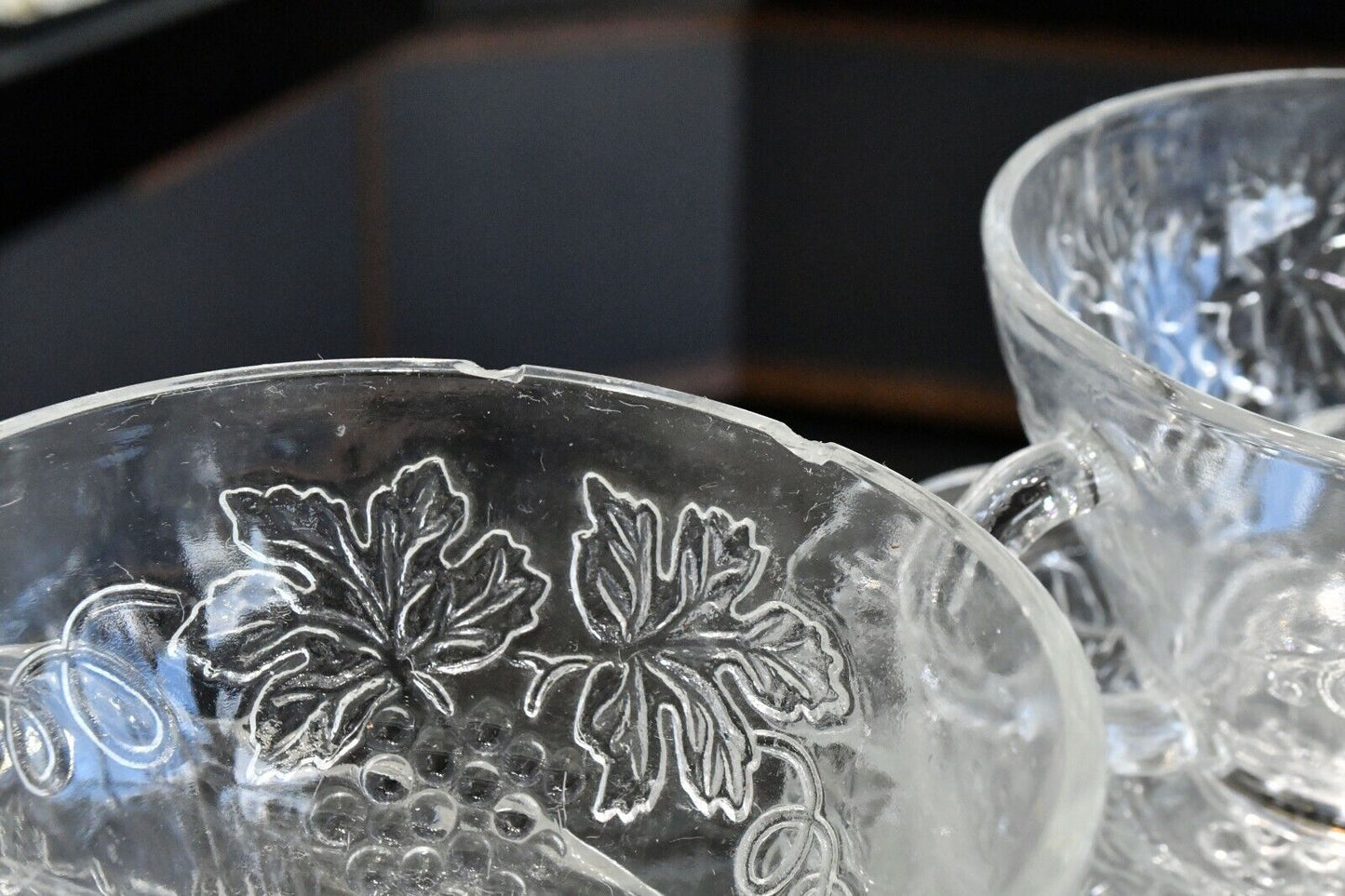 14pc. Molded Glass Grapevine Tea cup and Sandwich Plate Set Unsigned
