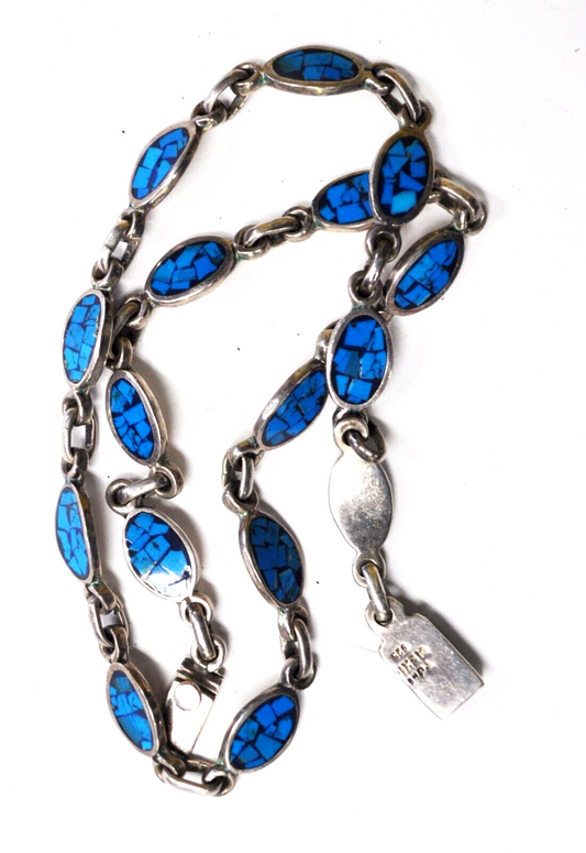 Sterling Silver Oval Turquoise Chip Inlay Necklace 17-1/4"