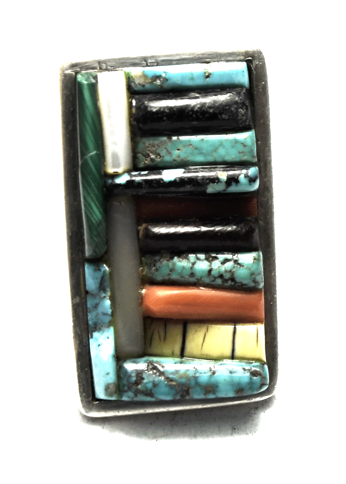 Sterling Signed LB Turquoise Coral Onyx Inlay Rectangle Ring 40mm Size 6.5