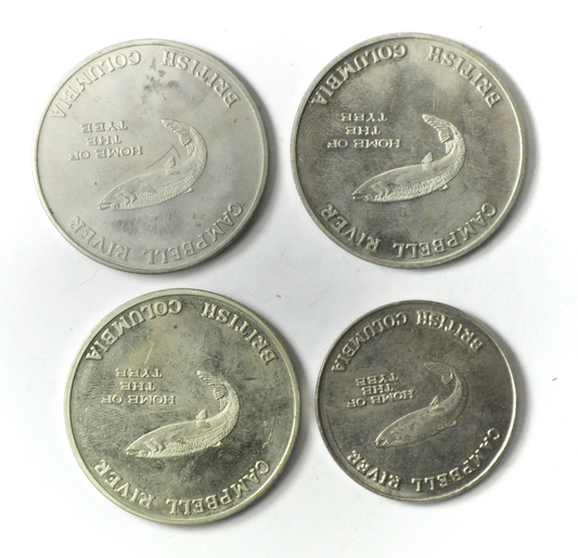1977 78 80 & 81 Canada $1 Trade 4 Tokens 34mm & 39mm Tyee Plaza Campbell River