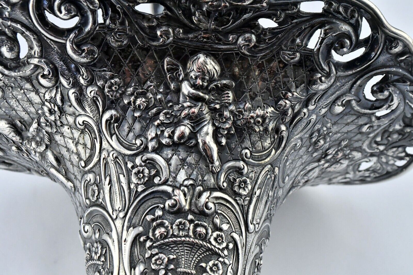 E.G Webster & Son Baroque Flute Style Cherub Ornate Repousse Vase 13 1/2"
