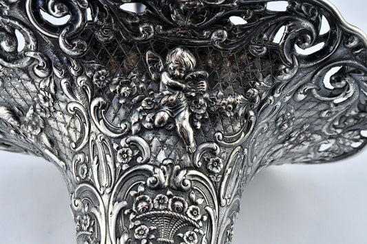 E.G Webster & Son Baroque Flute Style Cherub Ornate Repousse Vase 13 1/2"