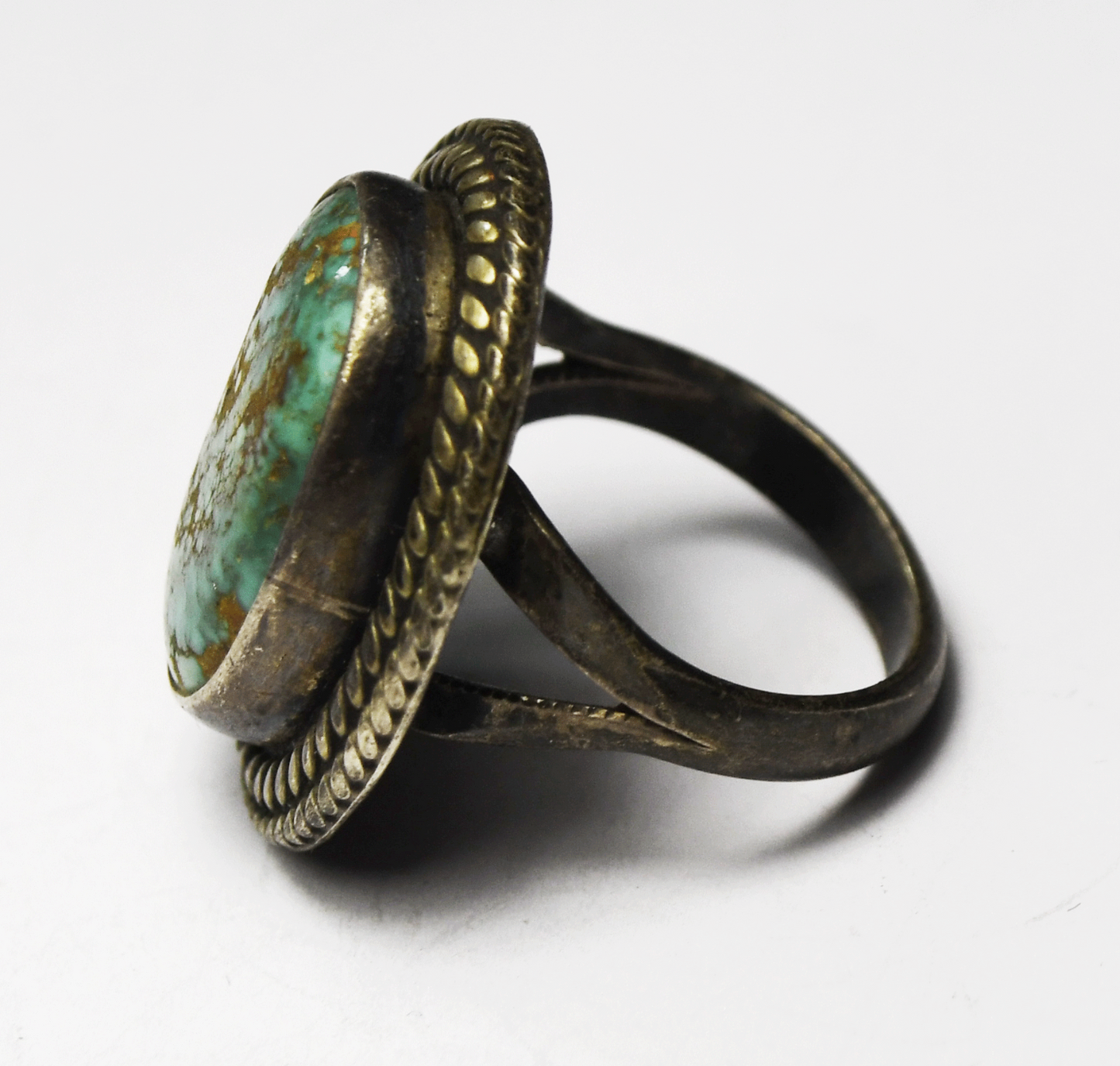 Vintage Sterling Oval Blue Green Turquoise Brown Matrix Ring 25mm Size 6.5