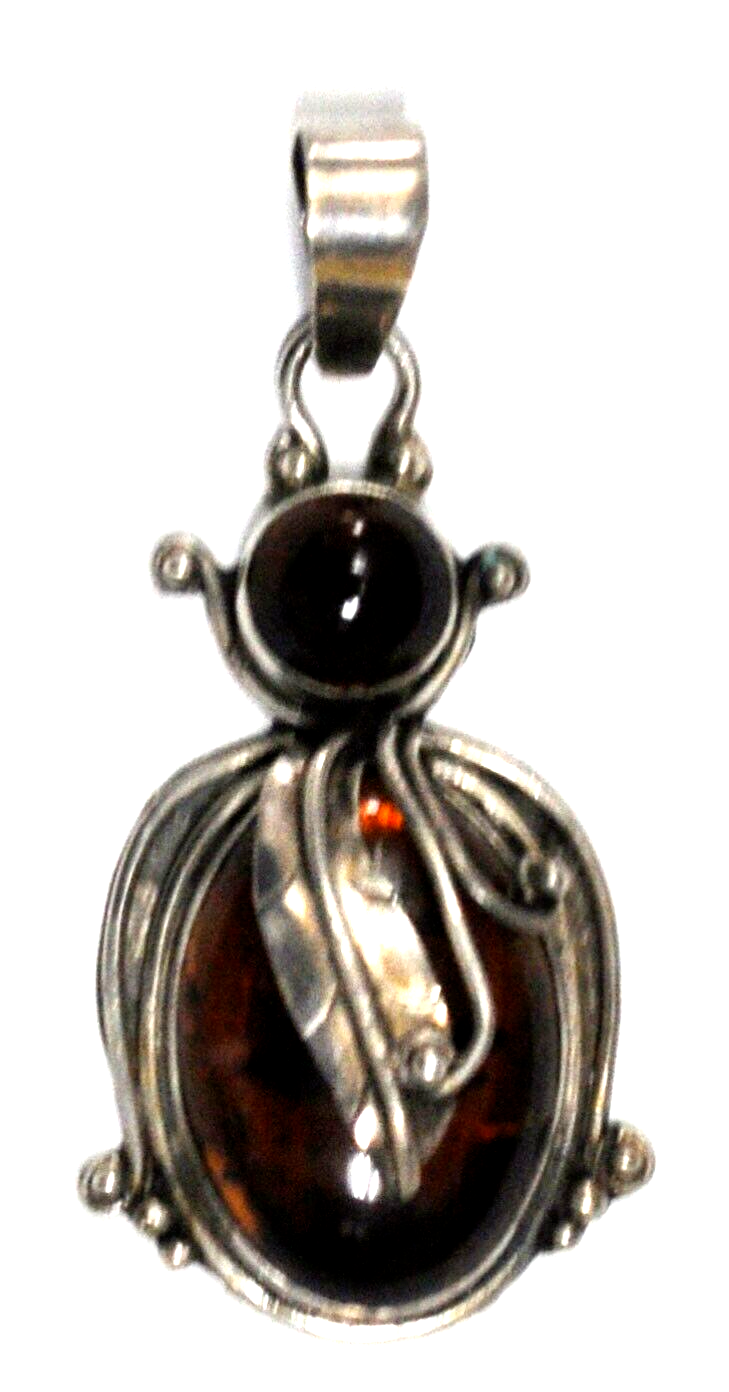 Sterling Silver Bug Amber Floral Round & Oval Pendant 2-1/4" x 26mm
