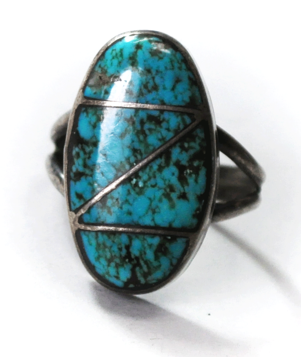 Sterling Silver AS Signed K6 Turquoise Inlay Oval Ring 27mm Size 10 Ring