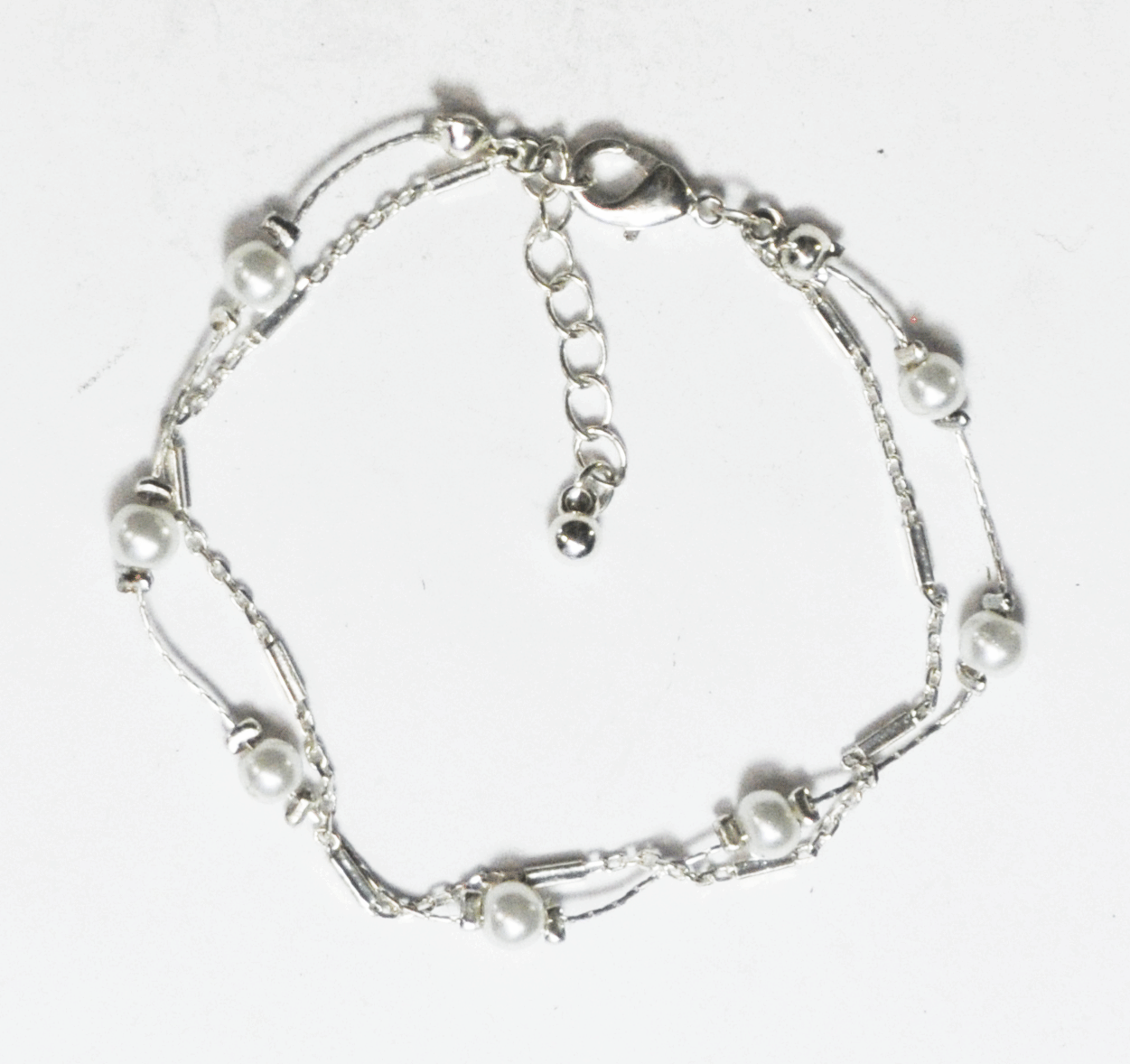 Silver Plated Faux Pearl 2 Strand Sizable Ball End Bracelet 8.5"