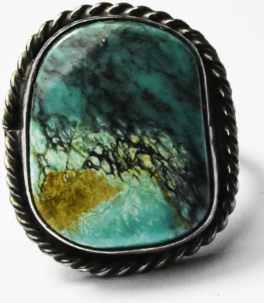 Antique Sterling  Azurite Blue Green Ring 27mm Size 6