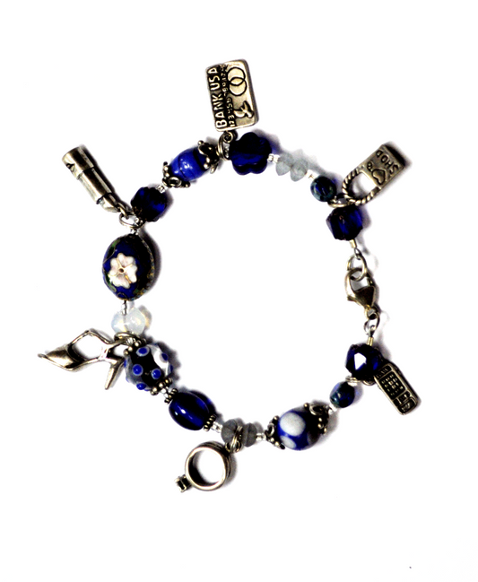 925 Silver Blue Glass Bead Wire Travel Charm Bracelet 7" Ring Phone CC Shoe