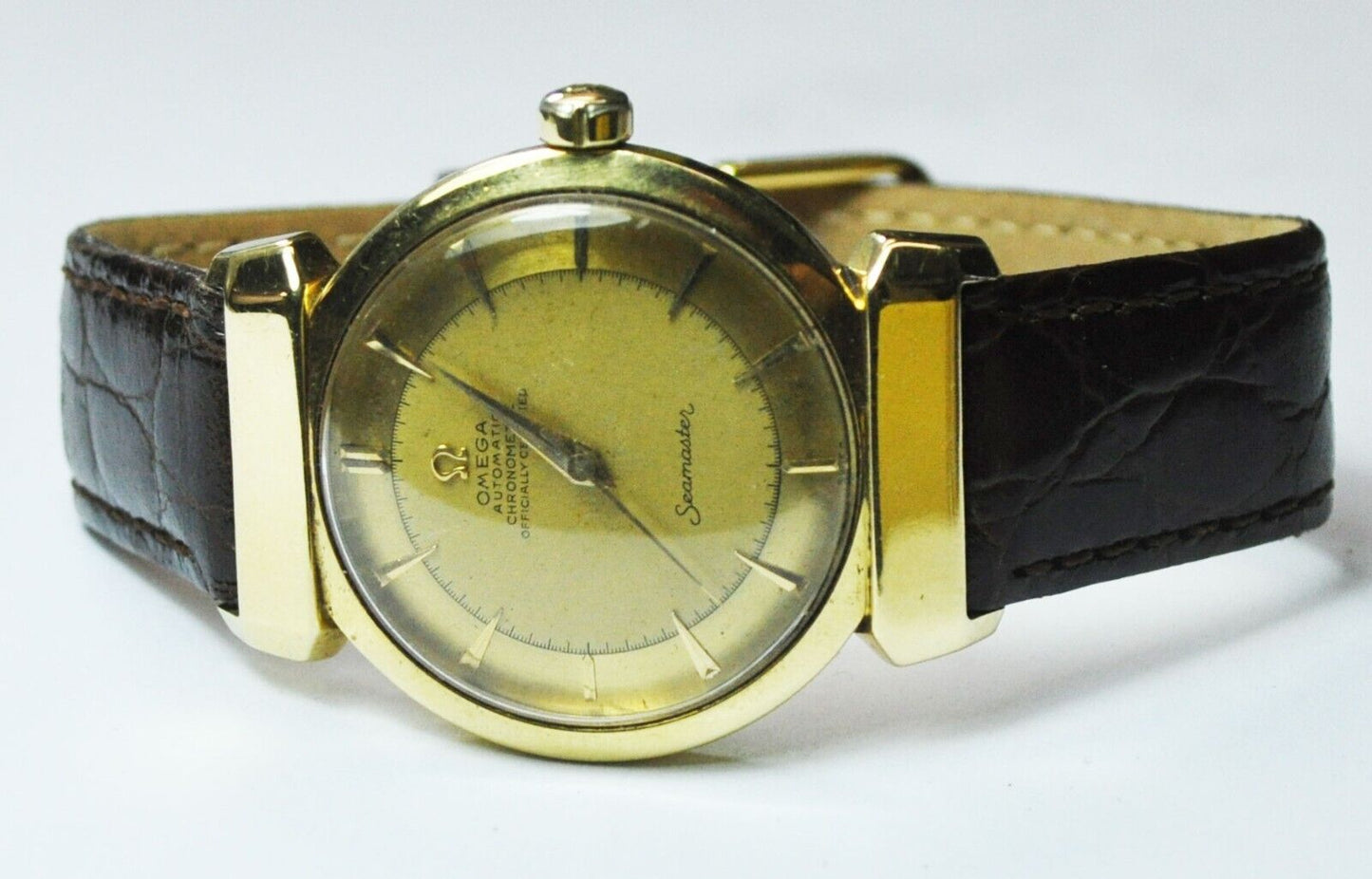 1950 Omega Seamaster 352 18k Gold Bumper Automatic 14324 Hooded Lug Deluxe 34mm