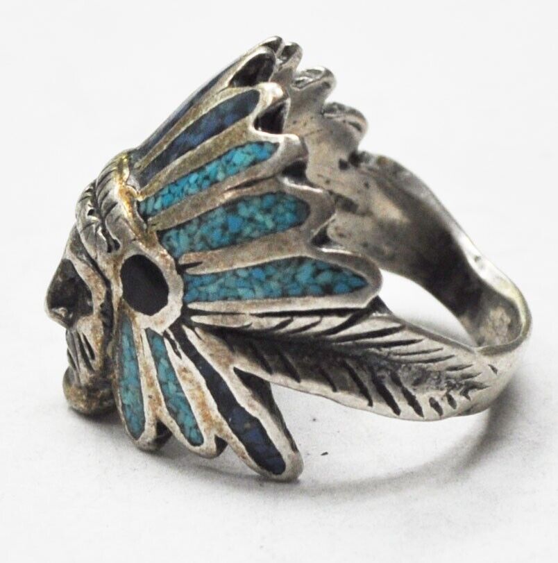 Sterling Silver Turquoise Lapis Chip Inlay Chief Headdress Ring 25mm Size 10