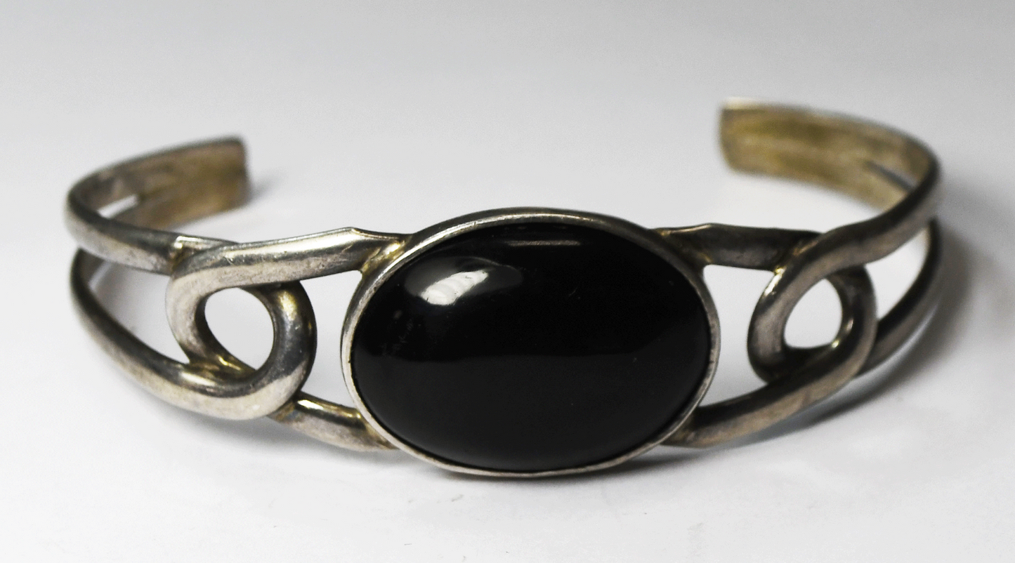 Sterling Mexico Black Onyx Split Cuff Interlocking Cuff Bracelet 7.25" Wrist