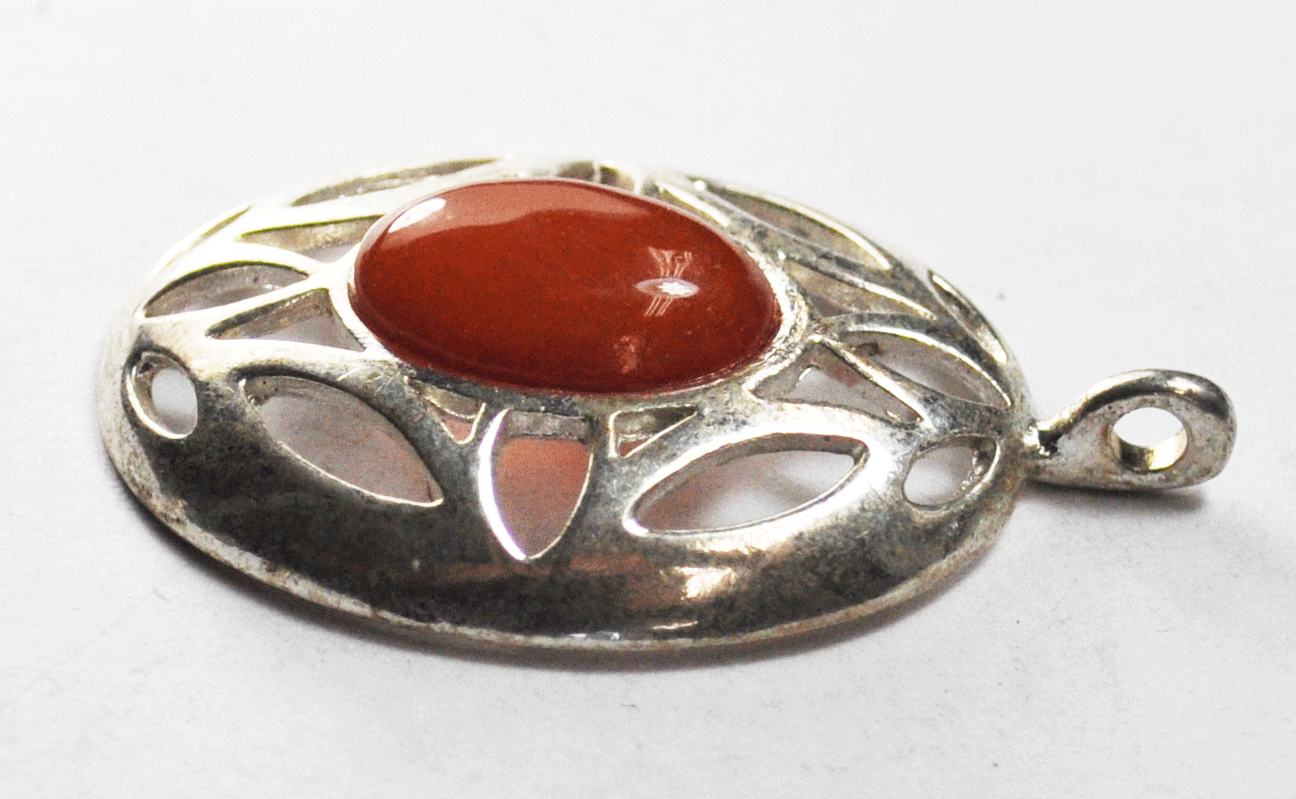 Silver Plated Faux Amber Orange Oval Filigree Pendant 46mm x 31mm