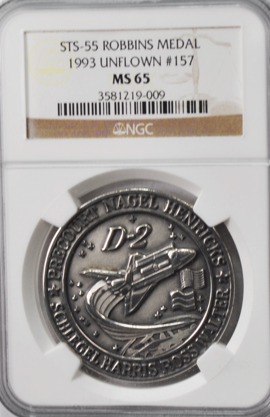1993 STS-55 Robbins Silver Space Medal Unflown #157 NGC MS65 Columbia D-2