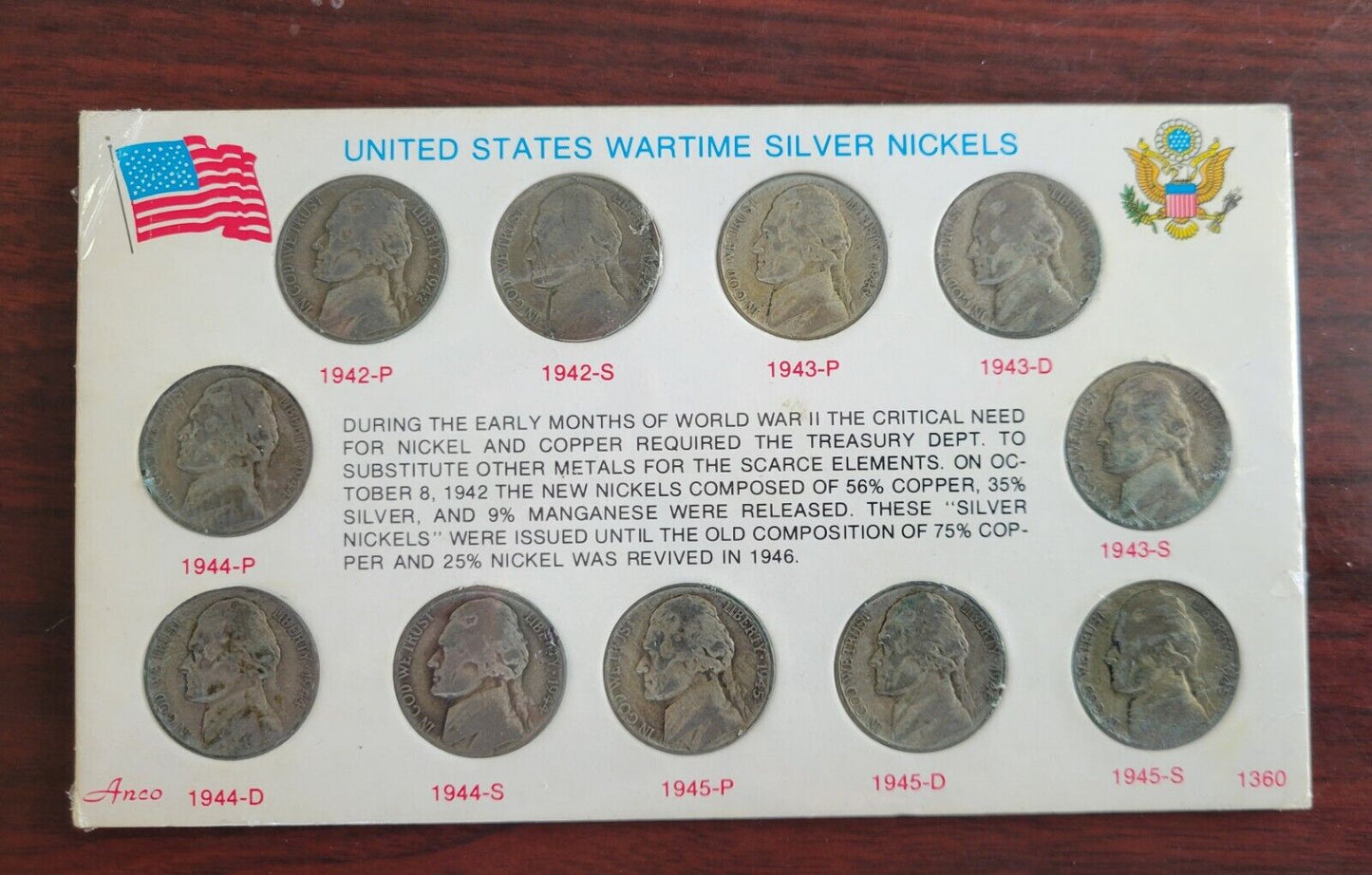 1942-1945 United States Wartime Silver Nickels 11 Coin Set Anco 1360 Holder