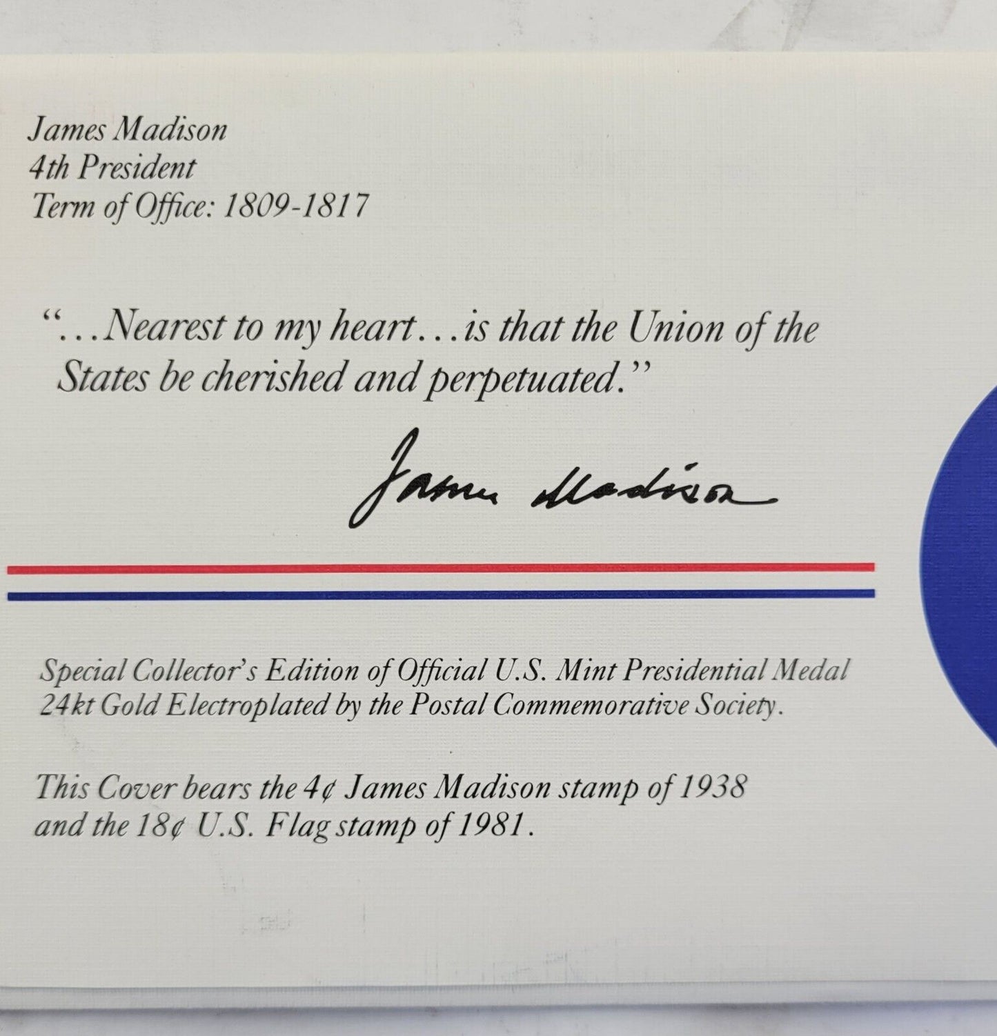 James Madison Presidential Covers Medal Postal Commemorative Society Gold Plated