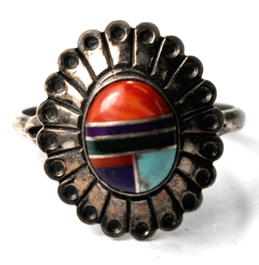Sterling Silver Southwestern Inlay 18mm Size 5 Turquoise Coral Ring