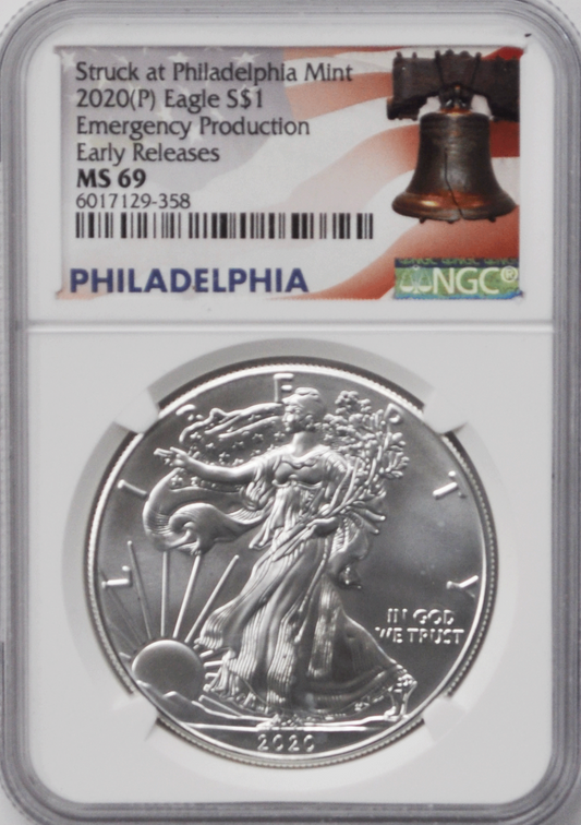 2020 P $1 American Silver Eagle Ounce NGC MS69 Emergency Production ER Bell