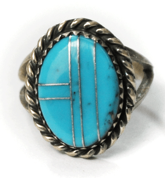 Sterling Silver Signed JF in Bear Turquoise Inlay 18mm Size 4 Ring