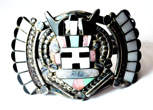 Sterling Silver Rita Edaakie Inlay Clown Antelope Kachina 51mm Cuff 6-1/2" Wrist