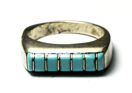 Sterling Silver AM Zuni Turquoise Stripe Inlay Ring Band 6mm Size 8-1/2