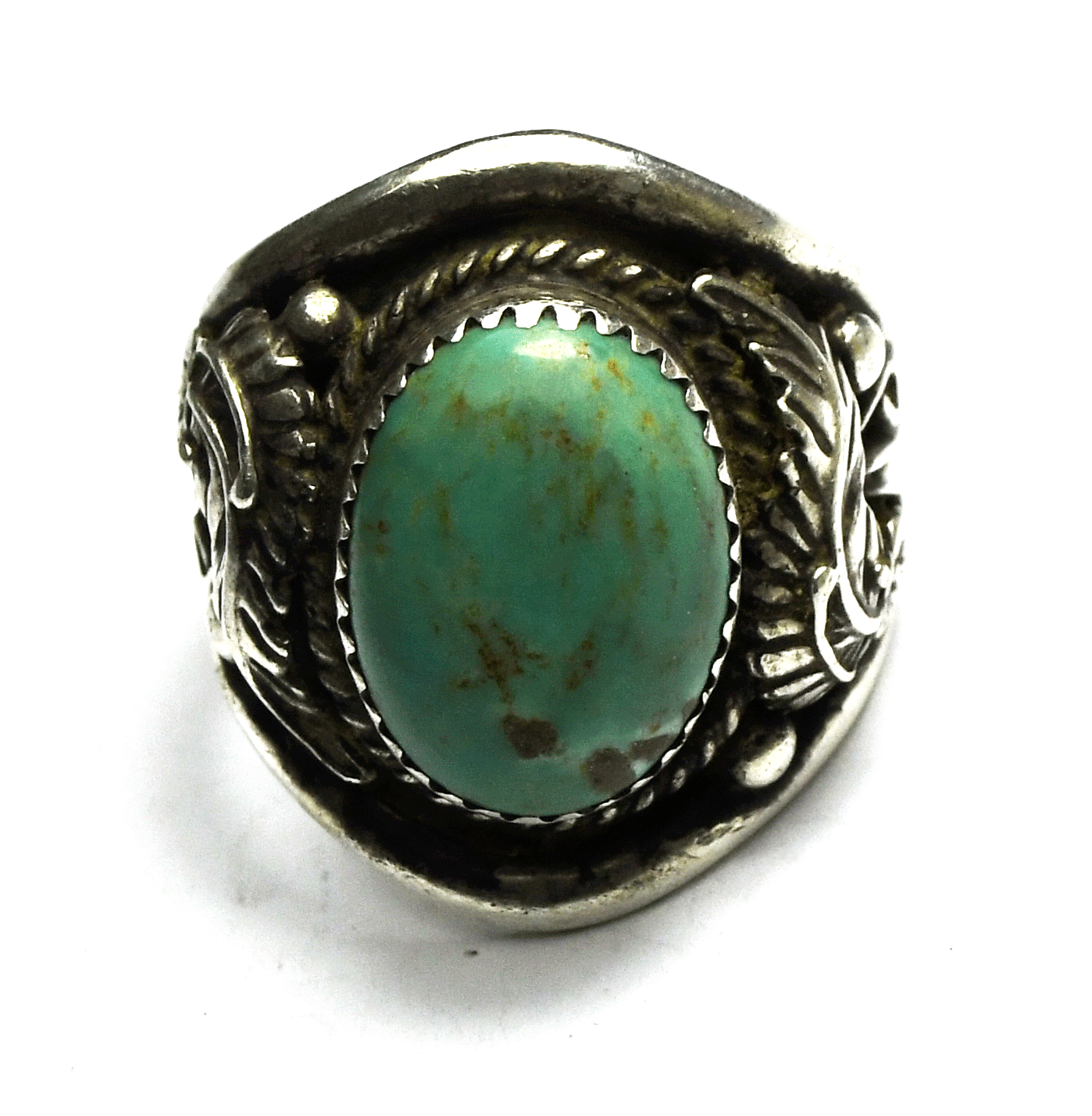 Sterling Silver Signed L Oval Green Turquoise Ring 27mm Size 10.5