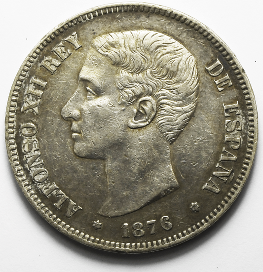 1876 (76) DE-M Spain 5 Five Pesetas Silver Coin KM# 671