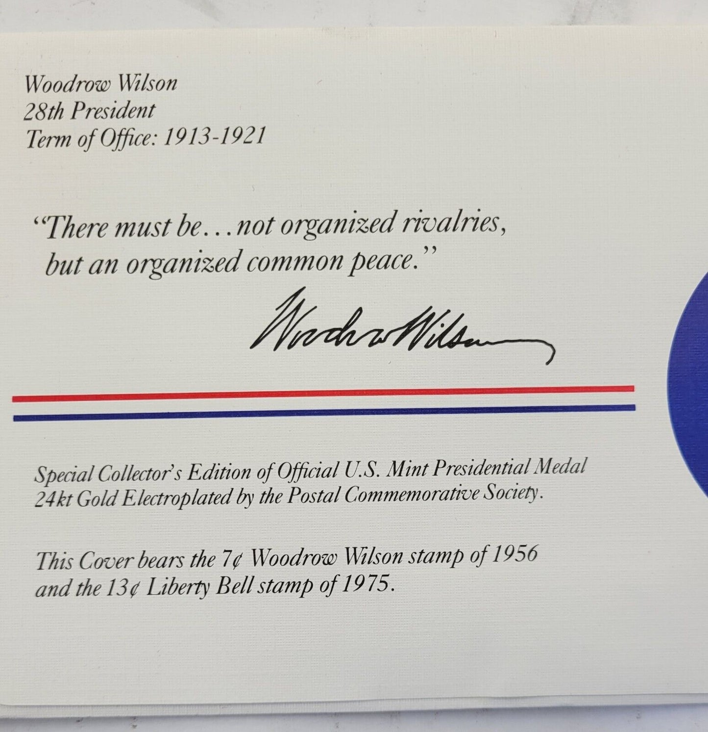 Woodrow Wilson Presidential Covers Medal Postal Commemorative Society Gold Plate