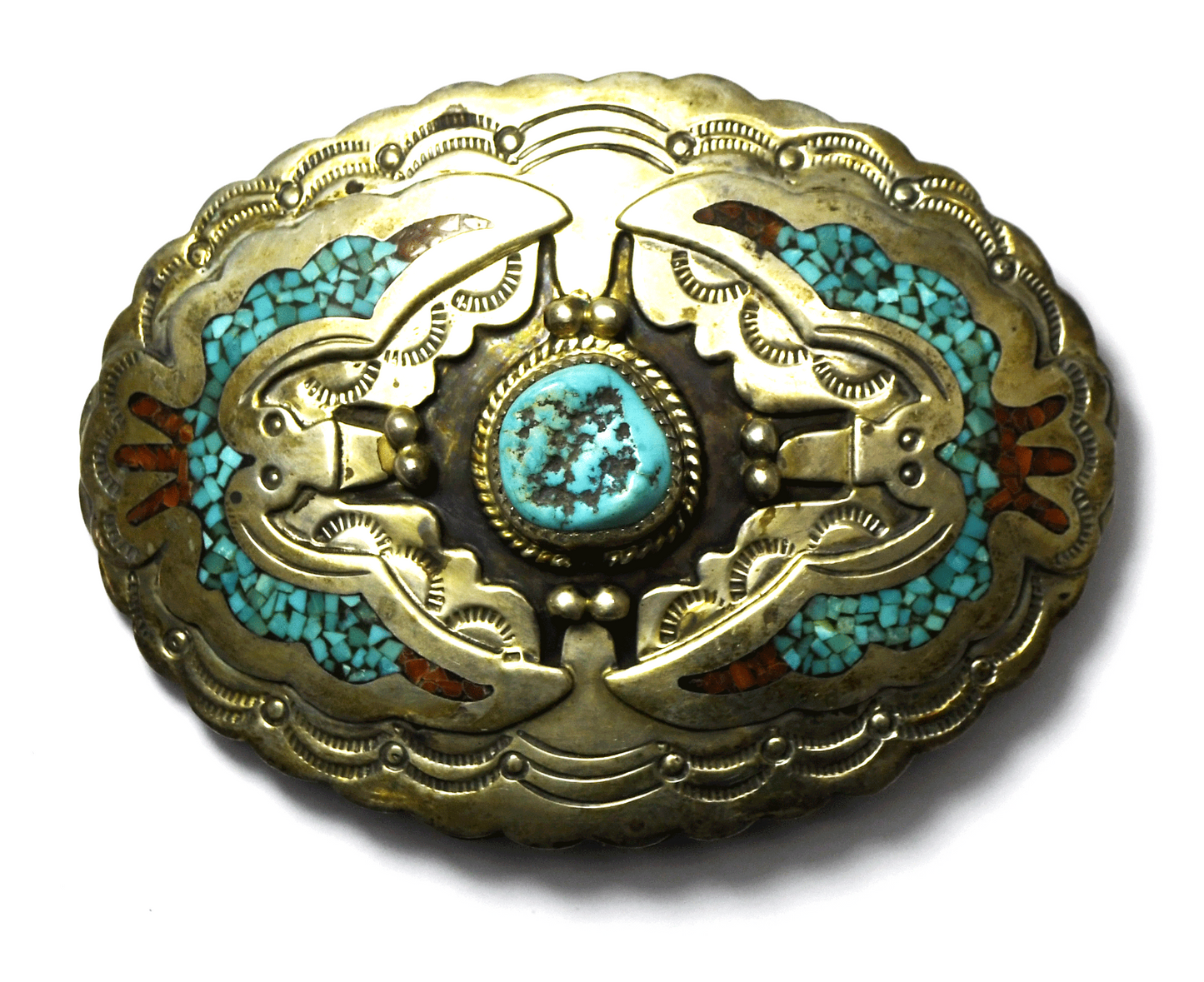 Sterling B. Een Turquoise Chunk Coral Chip Inlay Buckle 3.5" x 2.5" 36mm Belt