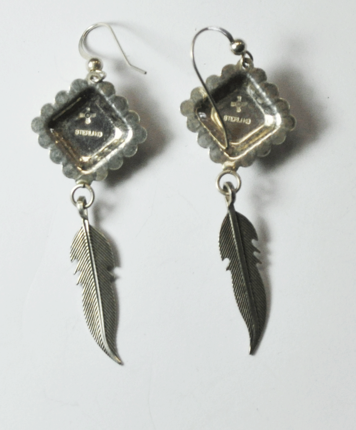 Sterling Square Inlay Earrings Feather Dangle Hook 2-5/8" x 20mm Signed W Rays