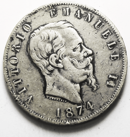 1874 M BN Italy 5 Five Lire Silver Coin KM# 8.3