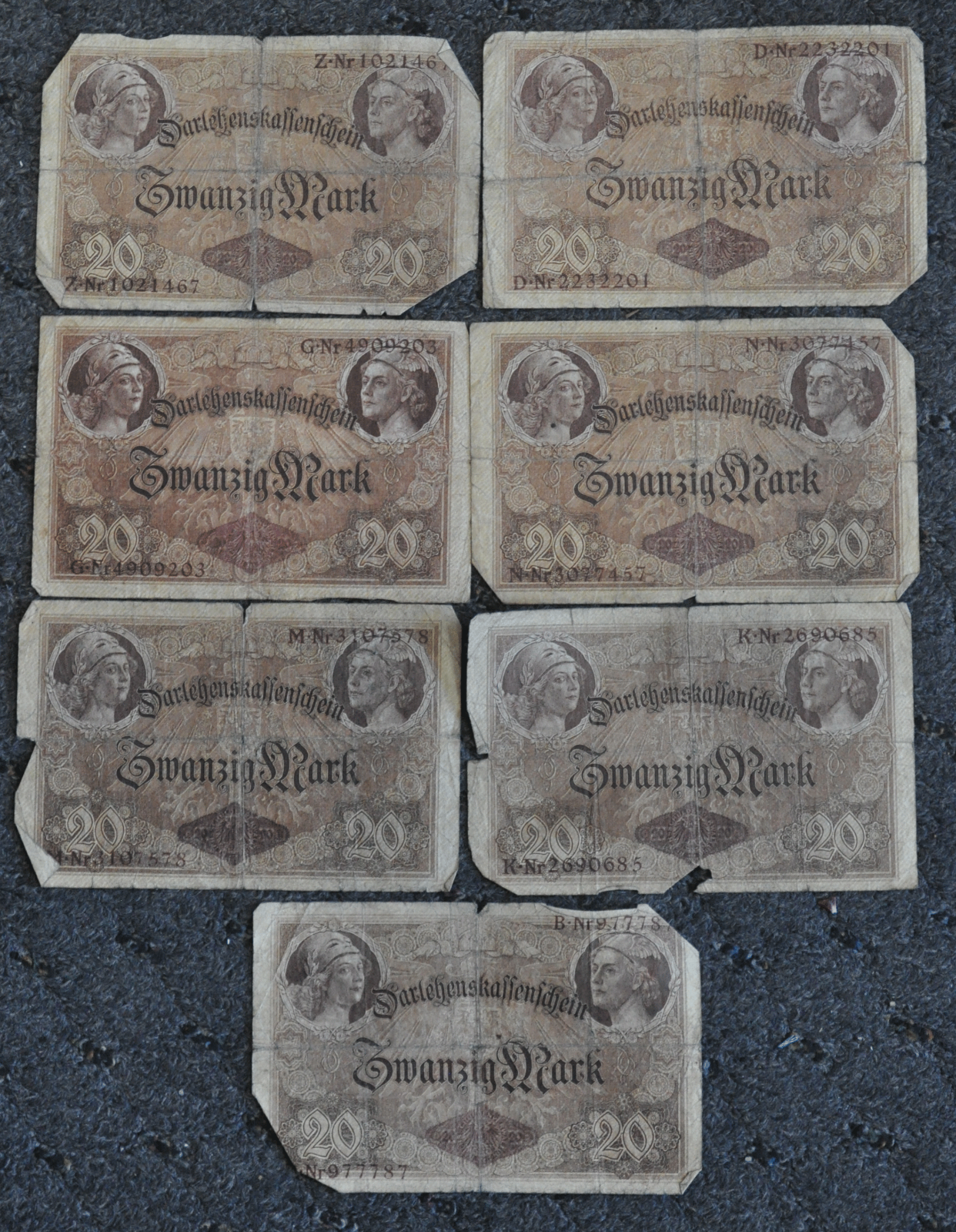 Lot of 9 1914 Germany 20 Twenty Mark State Loan Currency 1-6 Digit 8-7 Digit